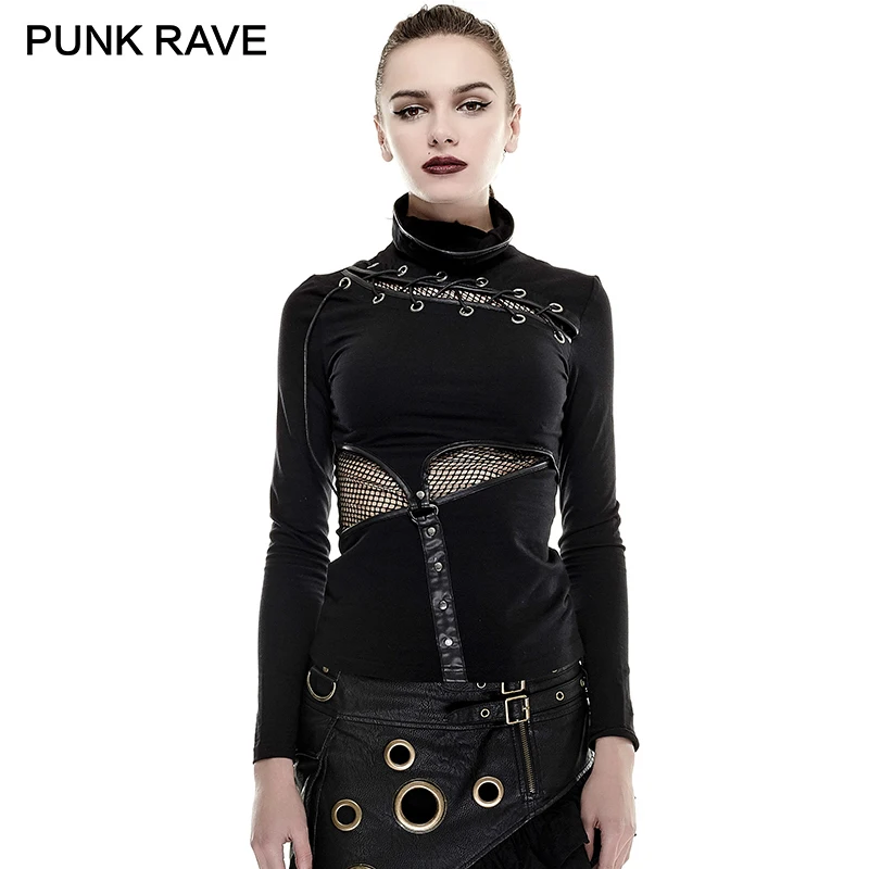 PUNK RAVE, Punk Rock Steampunk Guler Înalt Femeie Strâns Masca tricouri Gotic Tricot Super Elastic Tesatura de tip plasa tricouri Topuri Tricouri