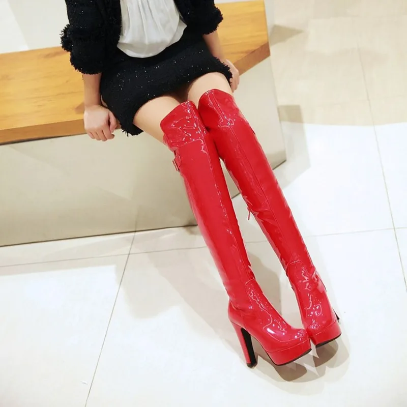 2021 Subliniat Stiletto cu Toc Înalt Tub Peste Genunchi Cizme Femei Pedichiura cu Fermoar Lateral Moda Cizme din Piele de Brevet Pentru Fata