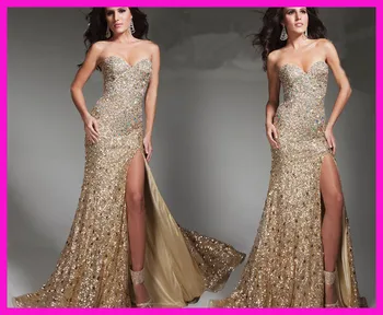 Vestido de noiva de Aur Strălucitoare Lungă Coloană Laterală Fantă Femei petrecere Bal rochie 2018 Rochii de Seara Margele Si Paiete