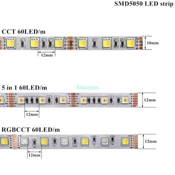 100 de Pc-uri SMD5050 DC12V DC24V 60LED/m 5m CCT RGBCCT 5 in 1 Benzi cu LED-uri Dual Alb 2 in 1 Temperatura de Culoare LED-uri de bandă Panglică de lumină