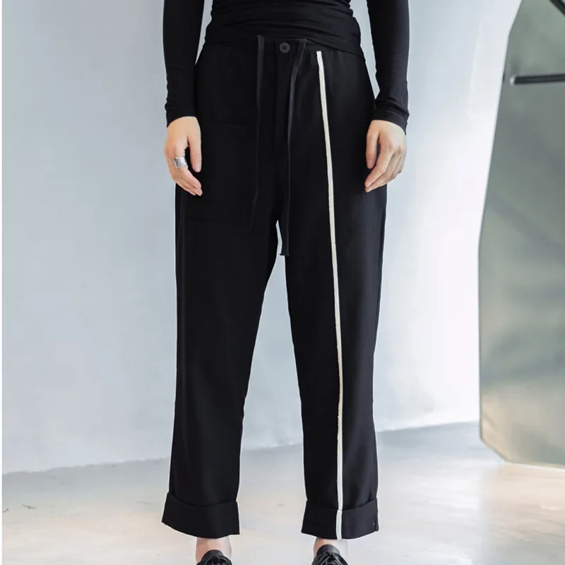 XUXI Linie Albă-Mozaic Glezna-Lungime Pantaloni Femei Cordon de Agrement Moda Despicare de Înaltă Talie Pantaloni Drepte E4582