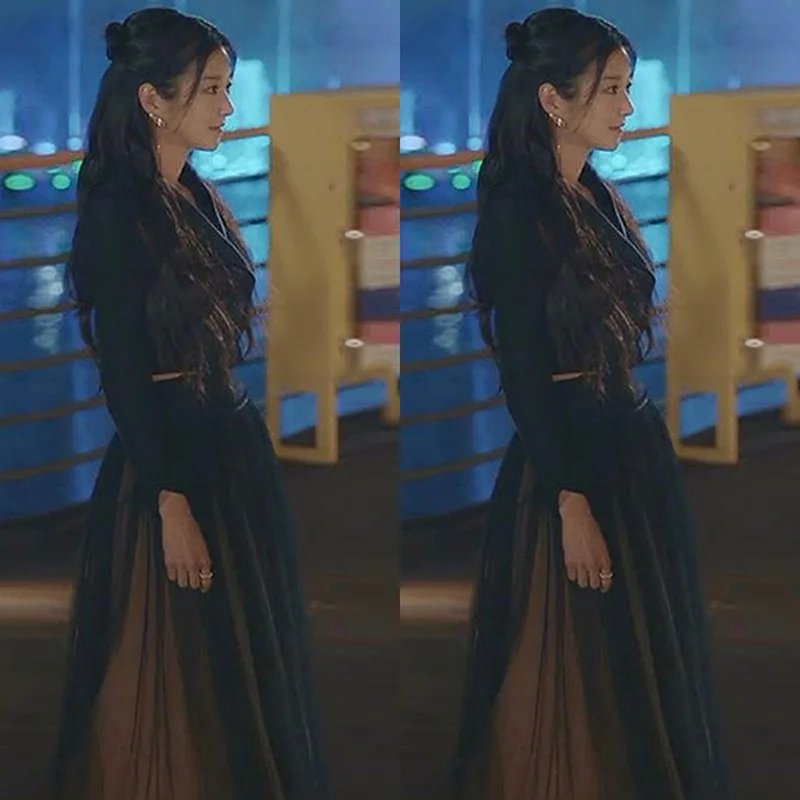 Kpop Seo Da Ji același mod rever negru slim cu maneca lunga, jachete de blana scurta+sexy talie Mare plasă fuste femei cu doi bucată costume
