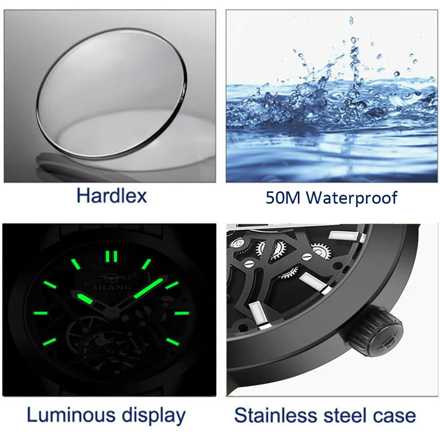AILANG 2022 Moda Automată Bărbați Luminos Ceasuri de mana rezistent la apa Banda din Oțel Tubular Ceasuri Steampunk Mens Ceas Mecanic