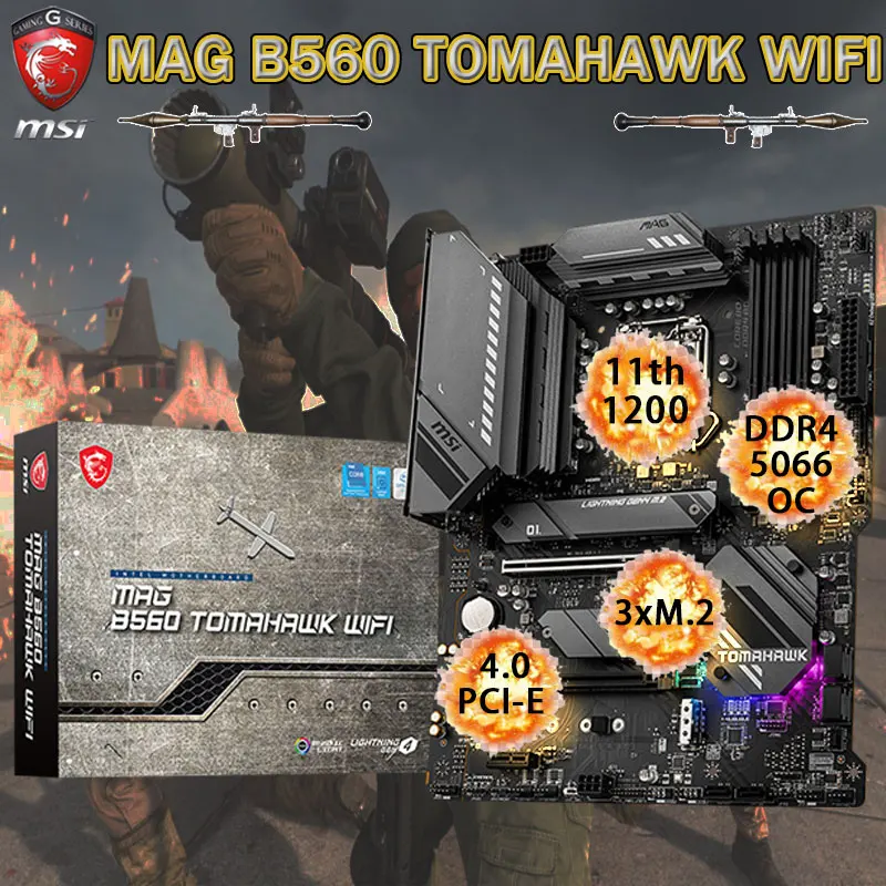 LGA1200 MSI MAG B560 TOMAHAWK WIFI Placa de baza Intel 11-Gen CPU DDR4 128GB M. 2 PCI-E 4.0 Chia B560 Placa-mama 1200 Desktop B560 0