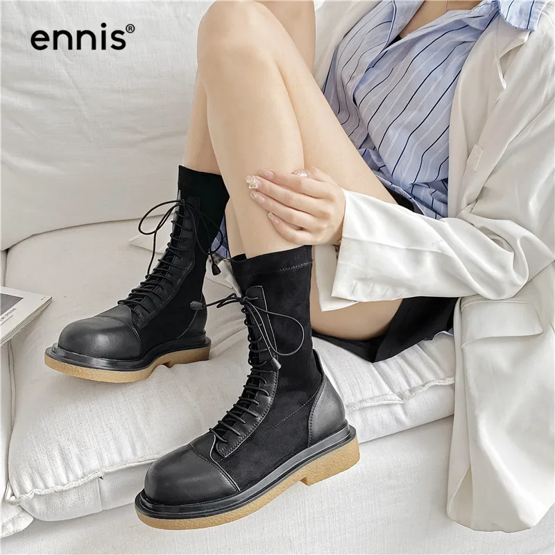 ENNIS Designer de Cizme Femei Pantofi Rotund-Deget de la picior de Vițel Cizme Piele naturala Platforma Negru Dantelă Sus Cizme Toc Pătrat de Pantofi Stretch A31A