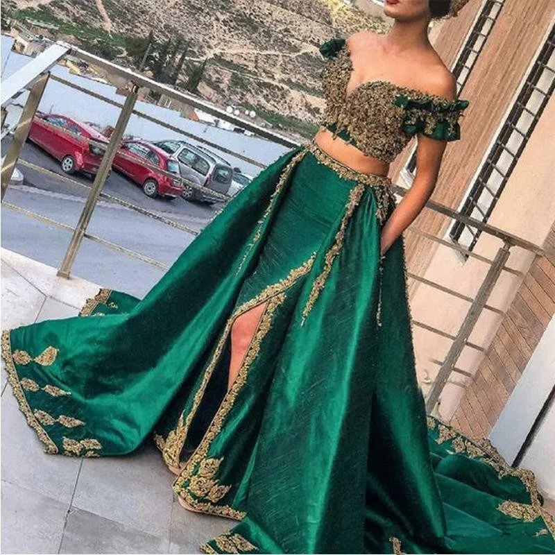 Indian hunter Verde 2 Bucata Rochii de Seară cu Dantelă de Aur Aplicatiile Prom Rochii Sexy Arabia arabe Margele Caftan Poarte abaya