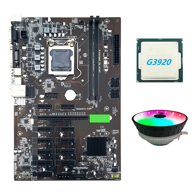 B250 BTC Mining Placa de baza cu G3920 CPU+RGB Fan 12XGraphics Slot pentru Card de LGA 1151 DDR4 USB3.0 SATA3.0 pentru BTC Miner