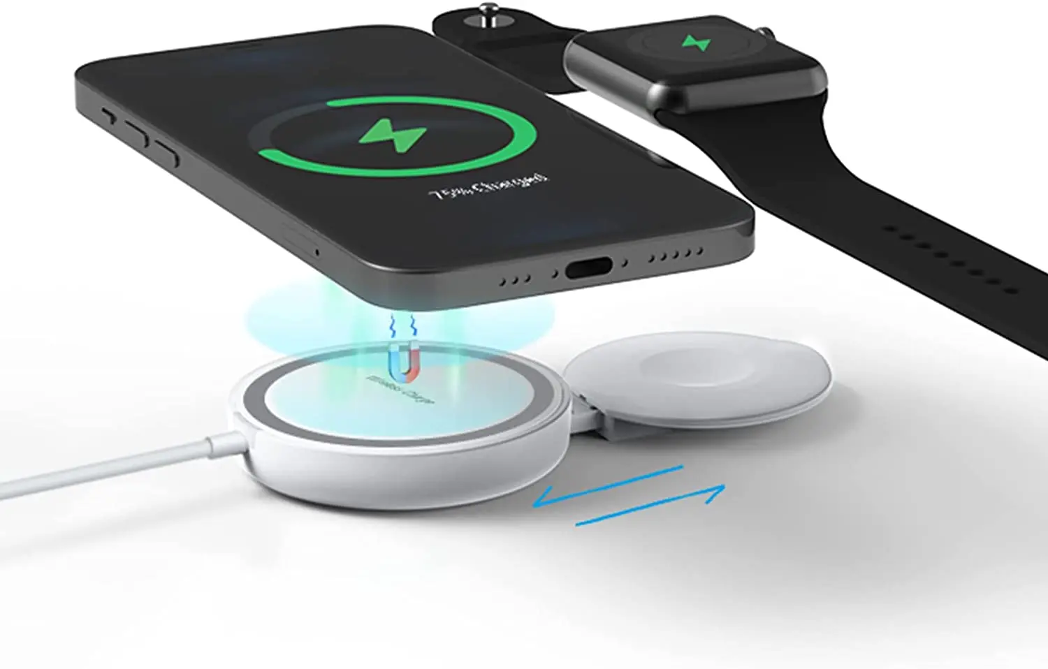 CIVPOWER Portabil Încărcător Wireless, 2 in 1 Magnetic de Încărcare pentru Apple Watch Serie SE/7/6/5/4/3/2/1 & Compatibil cu MagSafe