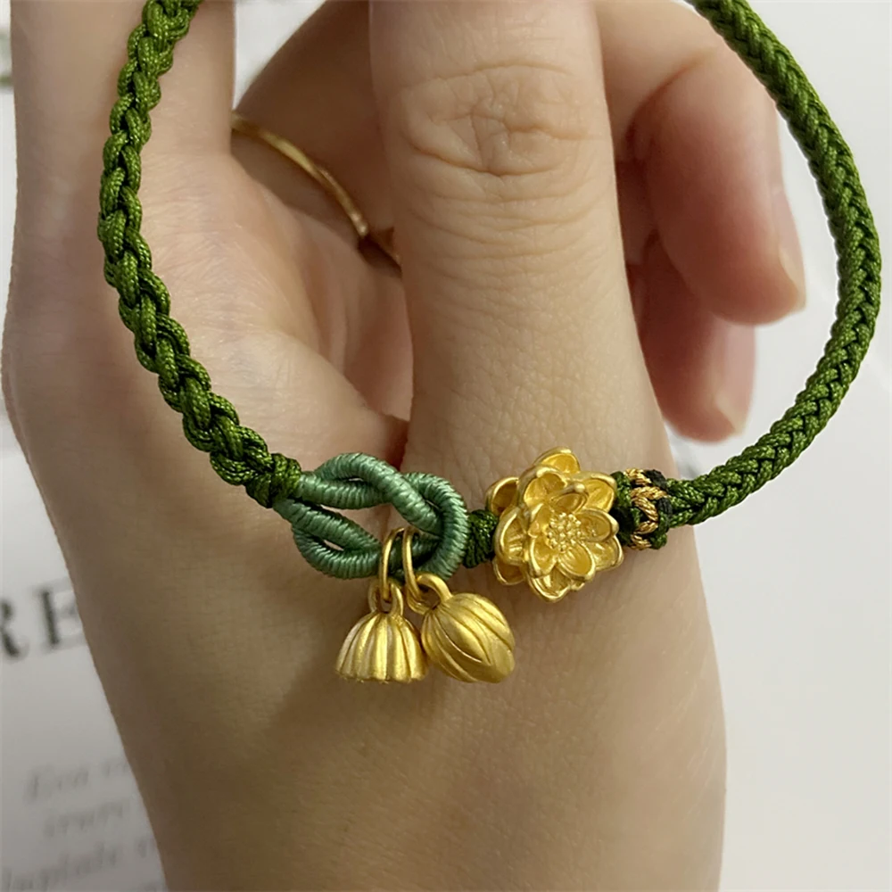 New Real 24K Aur Galben 3D Ambarcațiuni de Frumusete de Floare de Lotus Șirag de mărgele Verde Șir Țese Brățară Femeie Fata Cadou