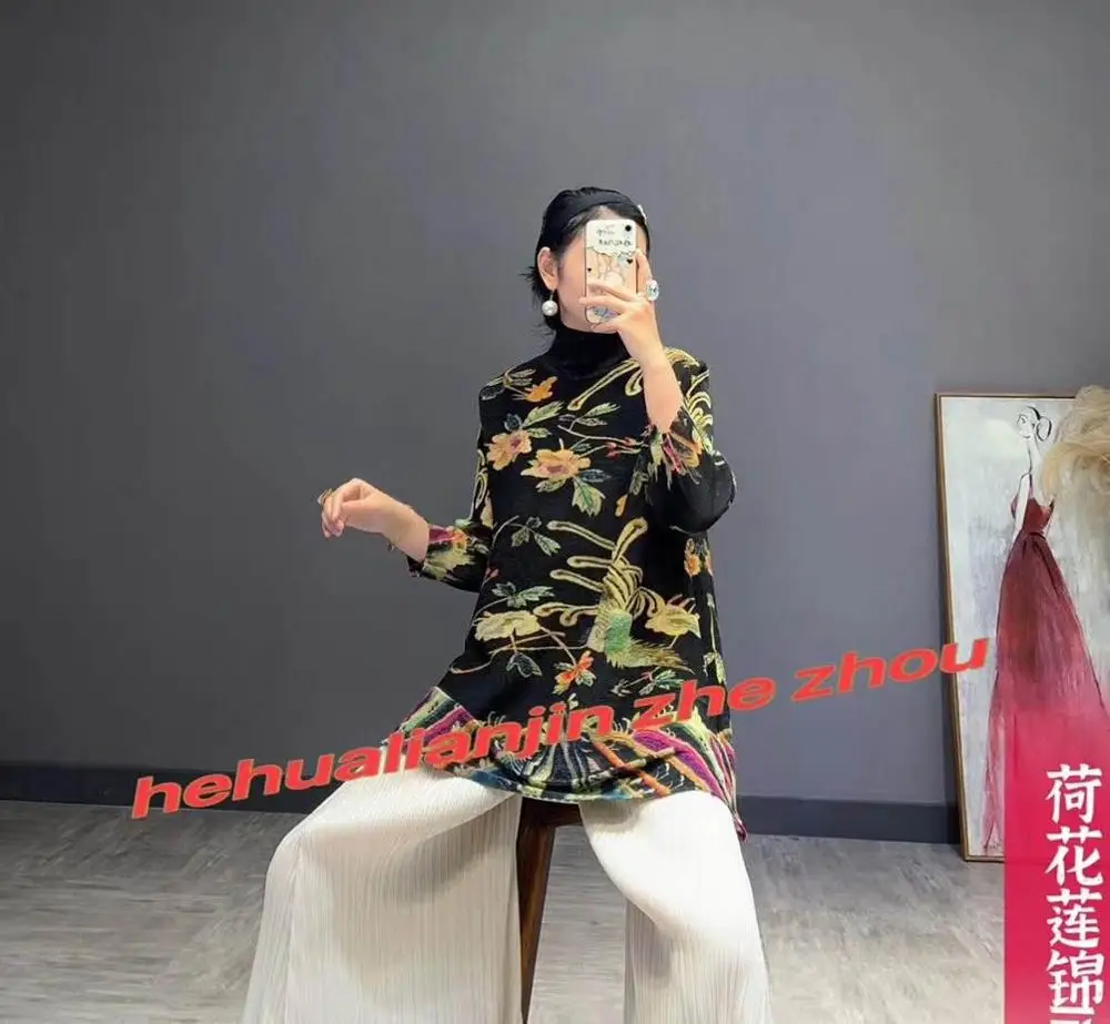 FIERBINTE de VÂNZARE Miyake moda 7 minute de maneca guler stil chinezesc florale de imprimare ori T-shirt IN STOC 0