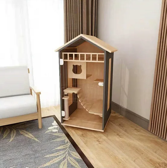 De Lux De Vânzare Fierbinte Confortabil Trei Straturi Mari Incinte Cuști De Interior Din Lemn Masiv Cat Villa