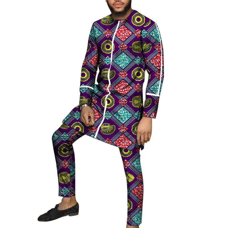 Dungă Decal Design Nigerian Stil Bărbați Topuri+Pantaloni Africane pline de culoare de Imprimare de Îmbrăcăminte de sex Masculin Gâfâi Costume Petrecere de Nunta Purta