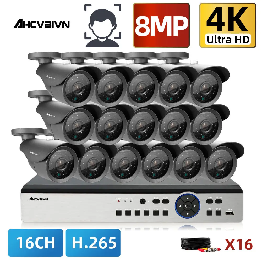 H. 265 16CH DVR Camera de Securitate de Sistem 4K 8 Channel DVR Kit Exterior Impermeabil CCTV Camera Glonț Sistem de Supraveghere Video Set