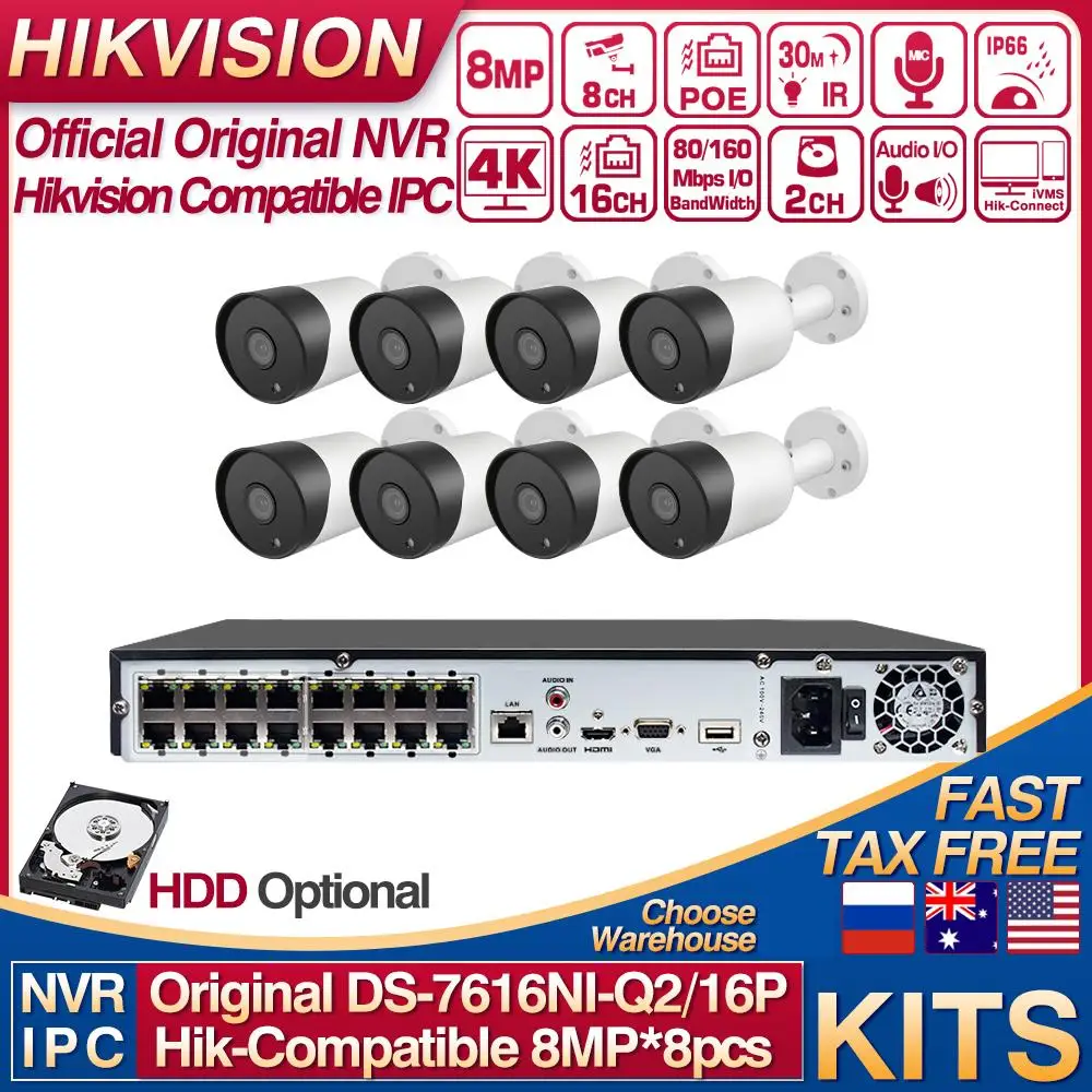 Hikvision Compatibil Kituri DS-7616NI-T2/16P 16POE NVR & 8MP Camera IP Bullet POE 30M IR Built-in MICROFON 8pcs Plug&play Sistem CCTV