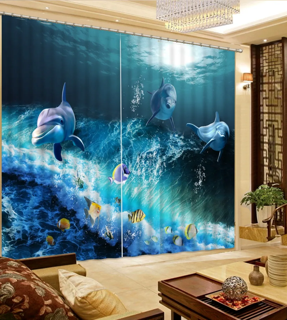 Albastru Living, Perdele Dormitor Frumos Perdele Lume Subacvatică Delfin Valuri 3D Perdele Frumoase Foto