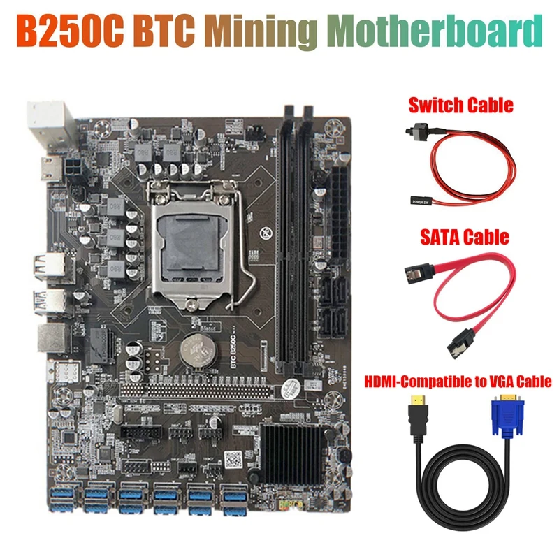 B250C Miniere Placa de baza cu 4PIN pentru Cablu SATA+Cablu de Switch+Cablu SATA 12 PCIE pentru USB3.0 GPU Slot LGA1151 Suport DDR4