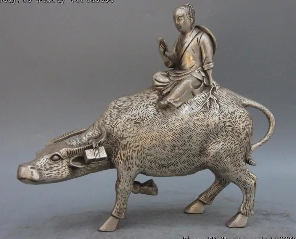 Chineză Cupru Alb Argintiu Vaquero Cowboy băiat de băiat Citit Cartea Plimbare Taur taur statuie
