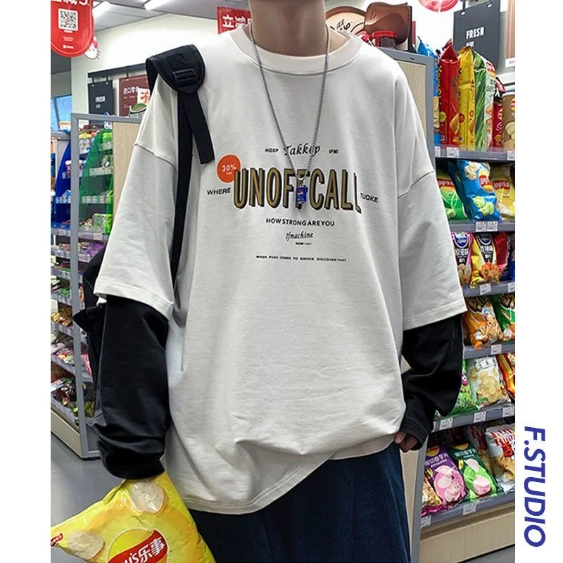 Fals două cu mâneci lungi t-shirt barbati femei toamna high street coreean supradimensionat toate-meci scrisoare de imprimare O-gât student hipster tricou