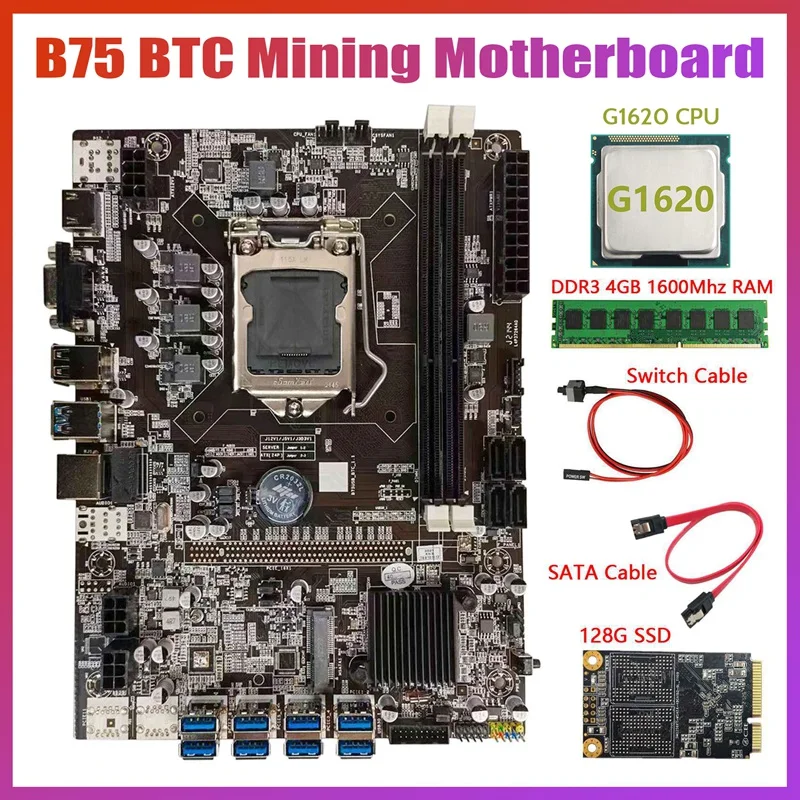 B75 BTC Mining Placa de baza+G1620 CPU+DDR3 4GB 1600Mhz RAM+128G MSATA SSD+Cablu SATA+Cablu de Switch LGA1155 8XPCIE la USB