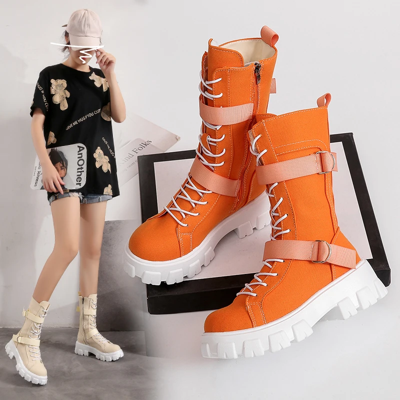 Pantofi pentru femei Pop Frumos de Primăvară Stil Platforma Confortabile Cizme Casual cu Fermoar la Mijlocul lunii Vițel Rotund Deget de la picior Plat cu Cizme Femmes Bottes