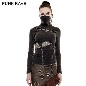PUNK RAVE, Punk Rock Steampunk Guler Înalt Femeie Strâns Masca tricouri Gotic Tricot Super Elastic Tesatura de tip plasa tricouri Topuri Tricouri 1