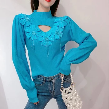 Femei 2021 Toamna Noua Moda Dulce Pulover Topuri Doamnelor Stil coreean Zână Solid Spike Flori Tubulare se Potrivesc Subțire Tricotate T-shirt