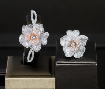 LAN PALATUL african new sosire bijuterii de nunta cubic zirconia set de bijuterii de mireasă flori mari brățară și inel set transport gratuit 3