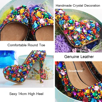Tocuri Inalte Cristal Colorat Femei Pantofi De Nunta Platforma Lucrate Manual, Rezistent La Apa Pompe De Pantofi De Mireasa Din Piele Pompe De Dimensiuni Mari