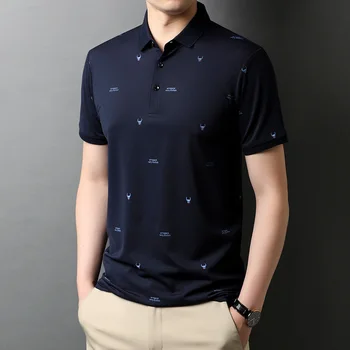 Vara Rever mătase de dud cu maneci scurte t-shirt pentru bărbați modale bumbac tricou polo pentru bărbați coreean imprimate jumătate maneca tricou