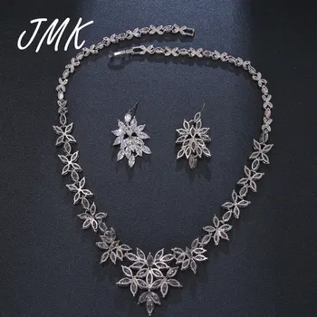 JMK Nou la Modă Floare de Cristal Seturi de Bijuterii Fermecător AAA Zircon Argint Stud Earrrings Seturi de Colier Pentru Femei de Mireasa Cadou de Nunta