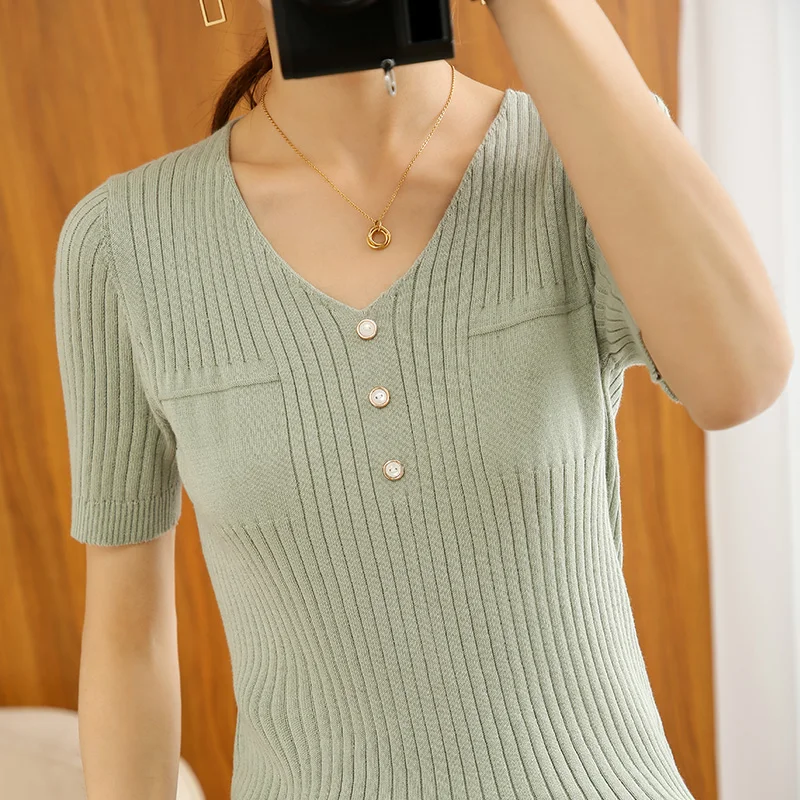 Tricou de vara pentru femei stil nou din bumbac pulover tricot cu mânecă scurtă slim de slabit de top V-gât scurt sălbatice pulover T-shirt