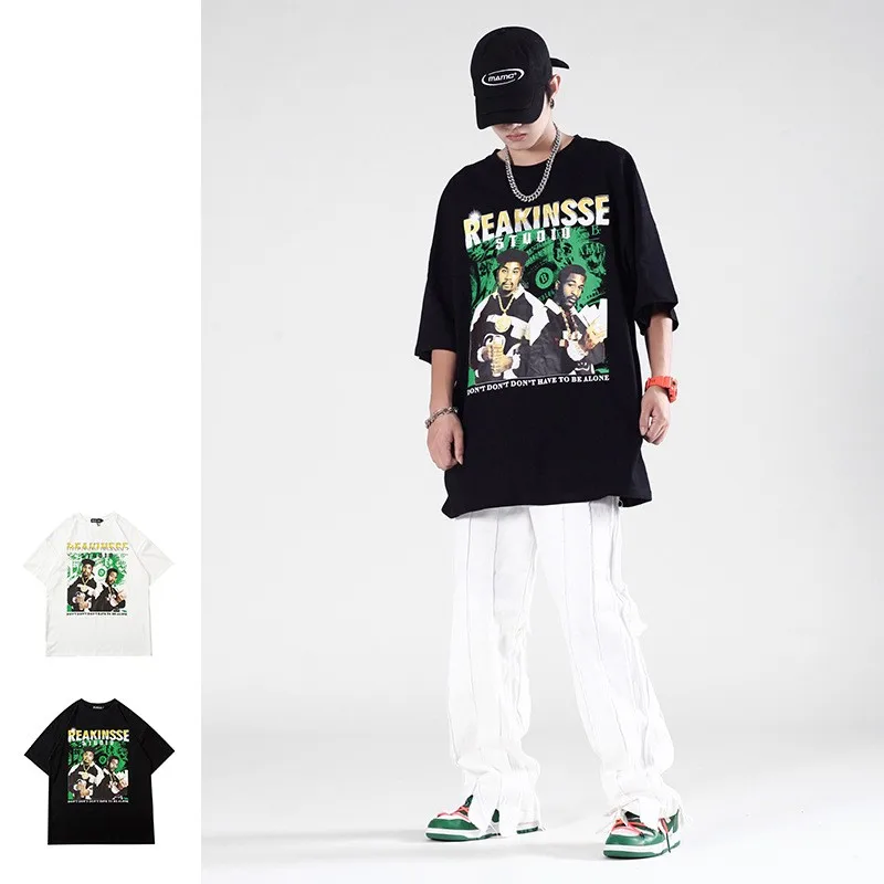 Nou Stil American de Hip-hop din Bumbac Cuplu Portret Tema Tipărite Barbati tricou Vrac Supradimensionat Retro Rock cu mânecă Scurtă T-shirt