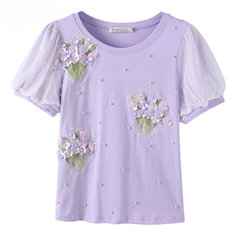 Femei pe Maneci Scurte din Bumbac tricou Fete Noi Elevii Margele Floare Plasă Puff Maneca Top Teuri Doamna Îmbrăcăminte de Vară 2021 2