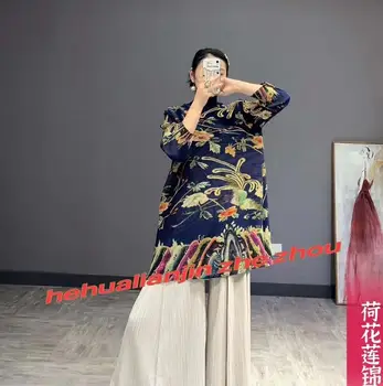 FIERBINTE de VÂNZARE Miyake moda 7 minute de maneca guler stil chinezesc florale de imprimare ori T-shirt IN STOC 1