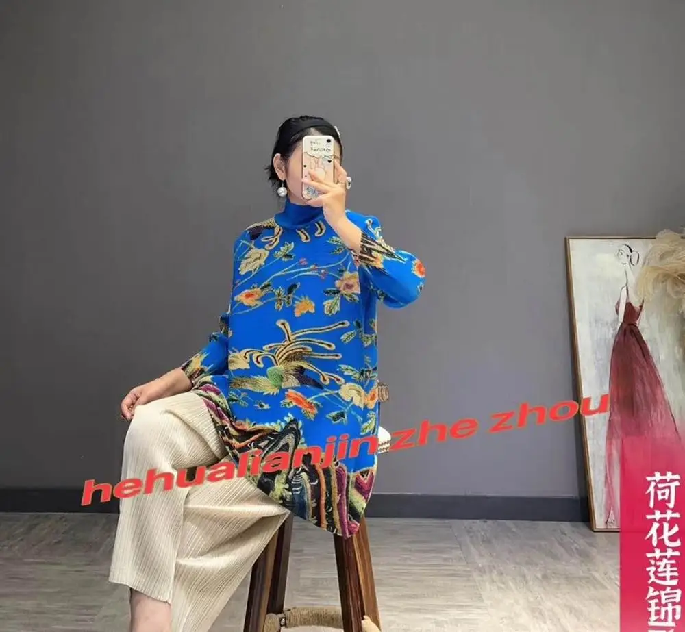 FIERBINTE de VÂNZARE Miyake moda 7 minute de maneca guler stil chinezesc florale de imprimare ori T-shirt IN STOC 4
