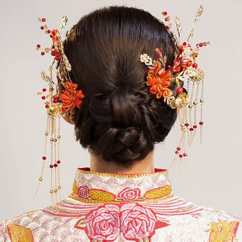JaneVini Vintage Nunta Chineză Frizură Veche Agrafe De Păr, Cercei Roșie De Mireasă Coroana De Aur Ciucure Pentru Femei Bijuterii Accesorii De Par