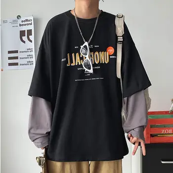 Fals două cu mâneci lungi t-shirt barbati femei toamna high street coreean supradimensionat toate-meci scrisoare de imprimare O-gât student hipster tricou 2