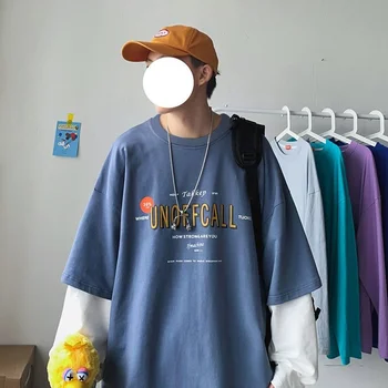 Fals două cu mâneci lungi t-shirt barbati femei toamna high street coreean supradimensionat toate-meci scrisoare de imprimare O-gât student hipster tricou 5
