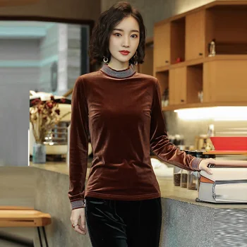 Elegant Culoare Solidă Bază Tees T-Shirt Femei Maneca Lunga Stand Guler De Catifea Îngroșa Tricou Femei Casual Din Catifea T-Shirt 7724