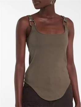 Vara noi neregulate tiv Fir tricot vesta Femei slim fit design de talie lanț de metal cataramă culoare solidă dublu-curea de umar sus