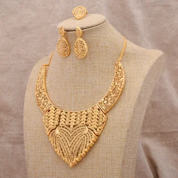 24K Aur din Dubai Culoare Seturi de bijuterii pentru femei Colier cercei Inel bratari de mireasa din Africa de nunta ornament soția cadouri Inele