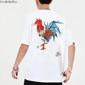 2021 Vară Stil Nou Yokosuka Stil Chinezesc Brodate Cocoș Cupluri Bumbac tricou Vrac Trend cu mânecă Scurtă T-shirt pentru Bărbați